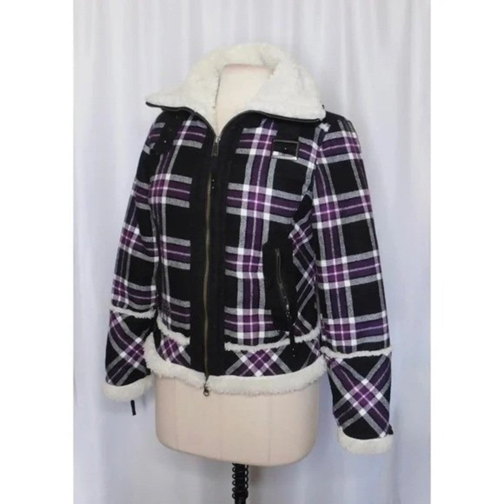 HARLEY-DAVIDSON Purple Black Plaid Fleece Sherpa Lined Coat Moto Motorcycle S