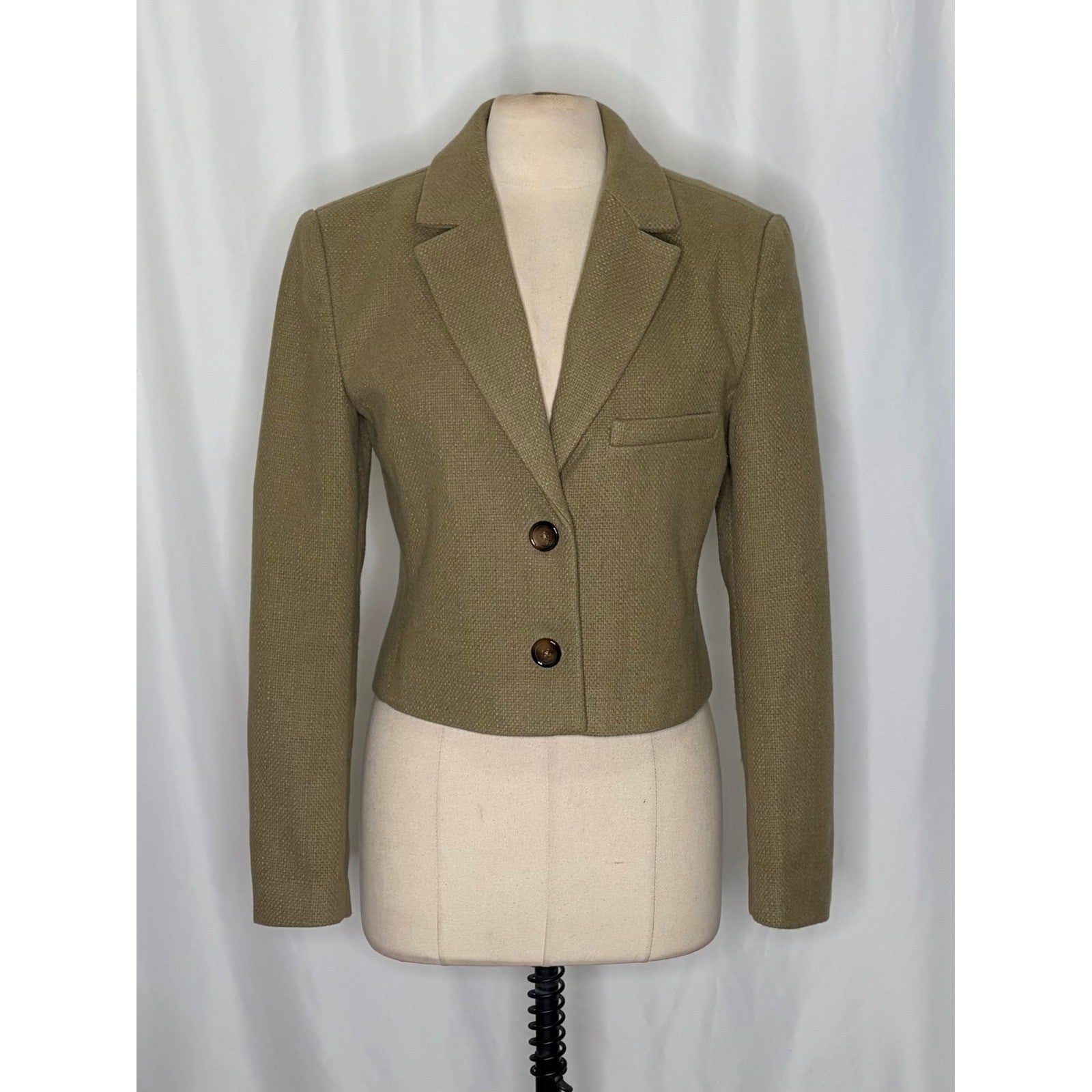 By ANTHROPOLOGIE Cropped Blazer Tailored Jacket Moss Green Solid Textured 10