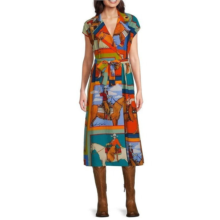 NWT!! DOUBLE D RANCH Women Of The Range Dress Western Horses Midi Bright X-Small