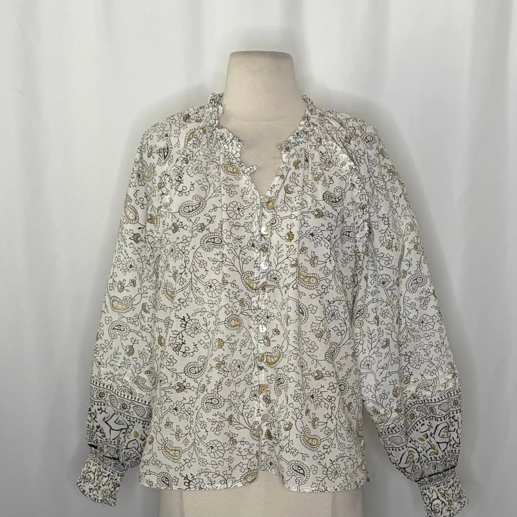 CLEOBELLA Ivy Blouse Woodblock Floral Paisley Print Top Smocked Ruffled Small