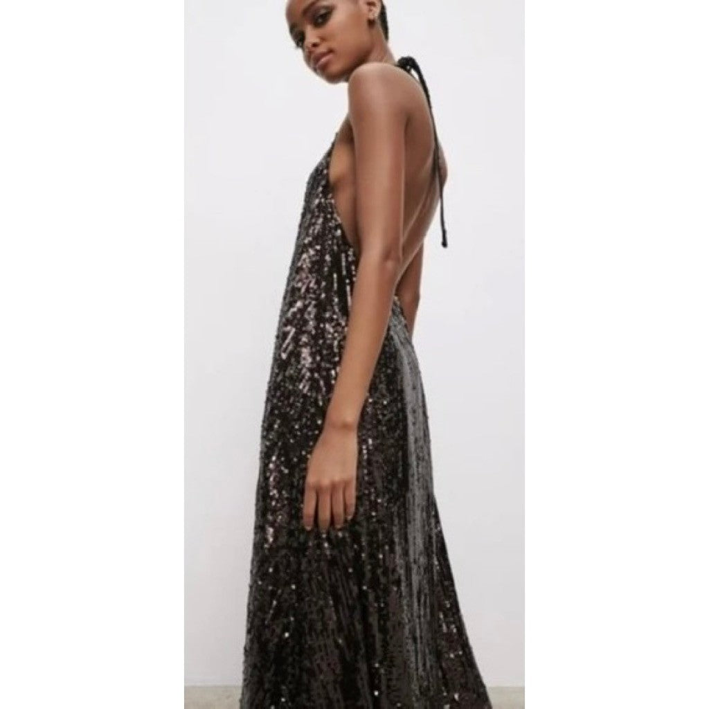 ZARA Chocolate Brown Sequin Halter Maxi Dress Festive Party Sequinned Small