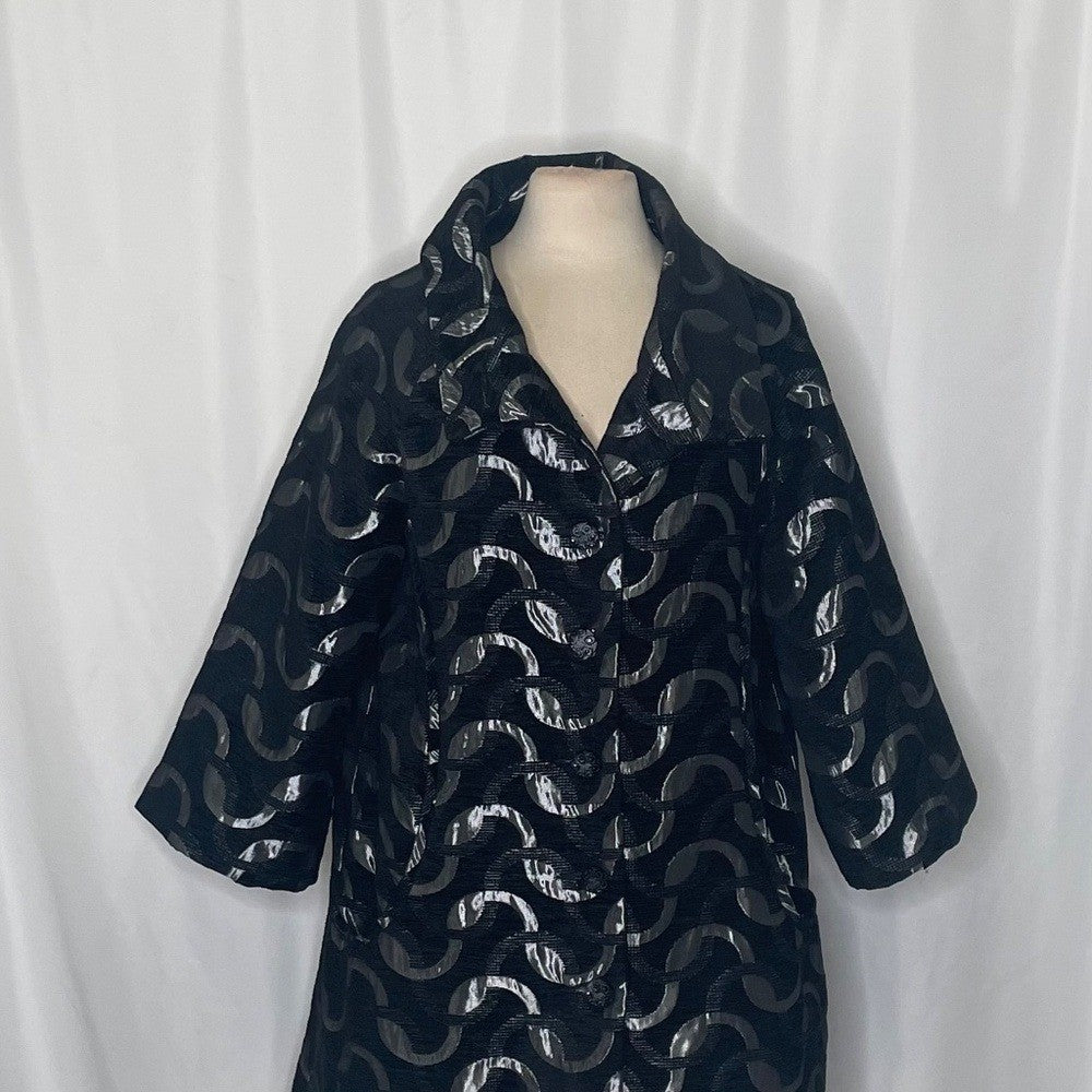 DESIGUAL Black Silver Jacquard Coat Pockets Embellished Buttons Chic 44 / Large