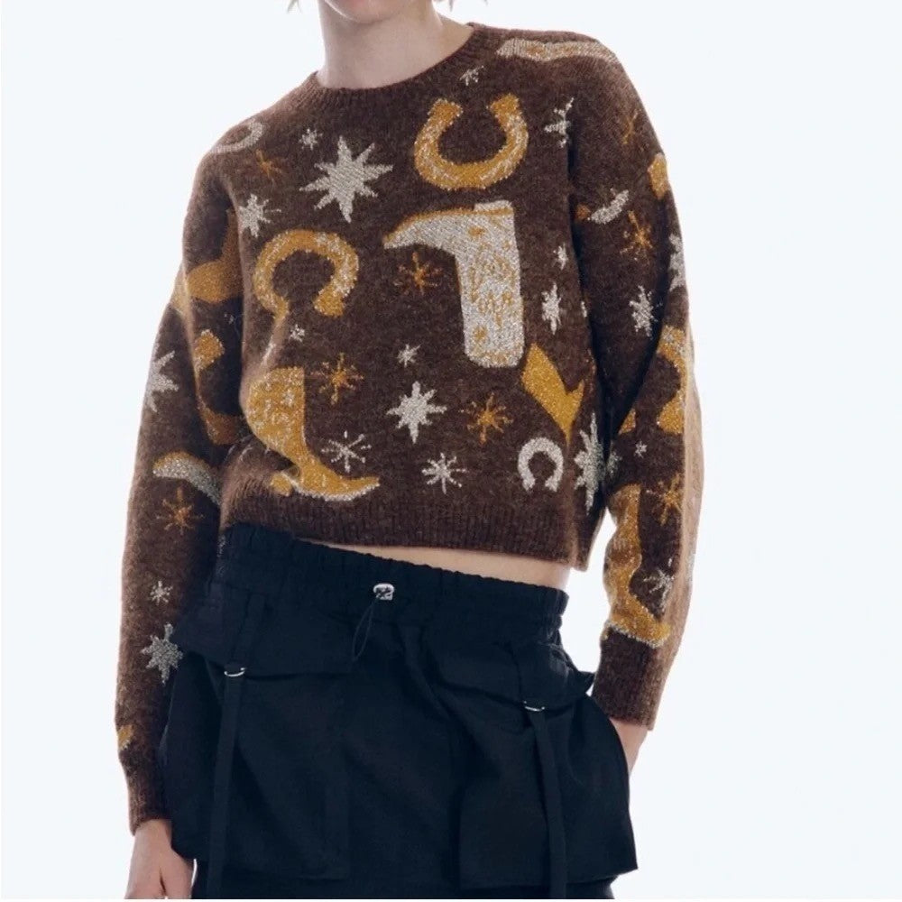 ZARA Western Cosmic Cowboy Boots Stars Jacquard Sweater Metallic Crewneck Small