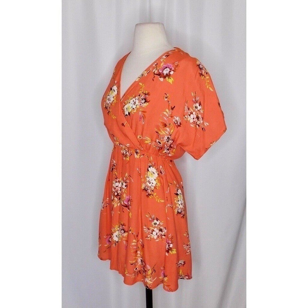 OBEY Pinot Floral Mini Dress Dolman Surplice Coral Pink Orange Boho X-Small
