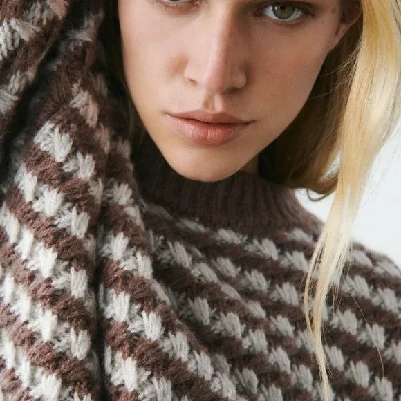 ZARA Wool Chunky Knit Oversized Sweater Brown Grey Stripes Pullover Knit Small