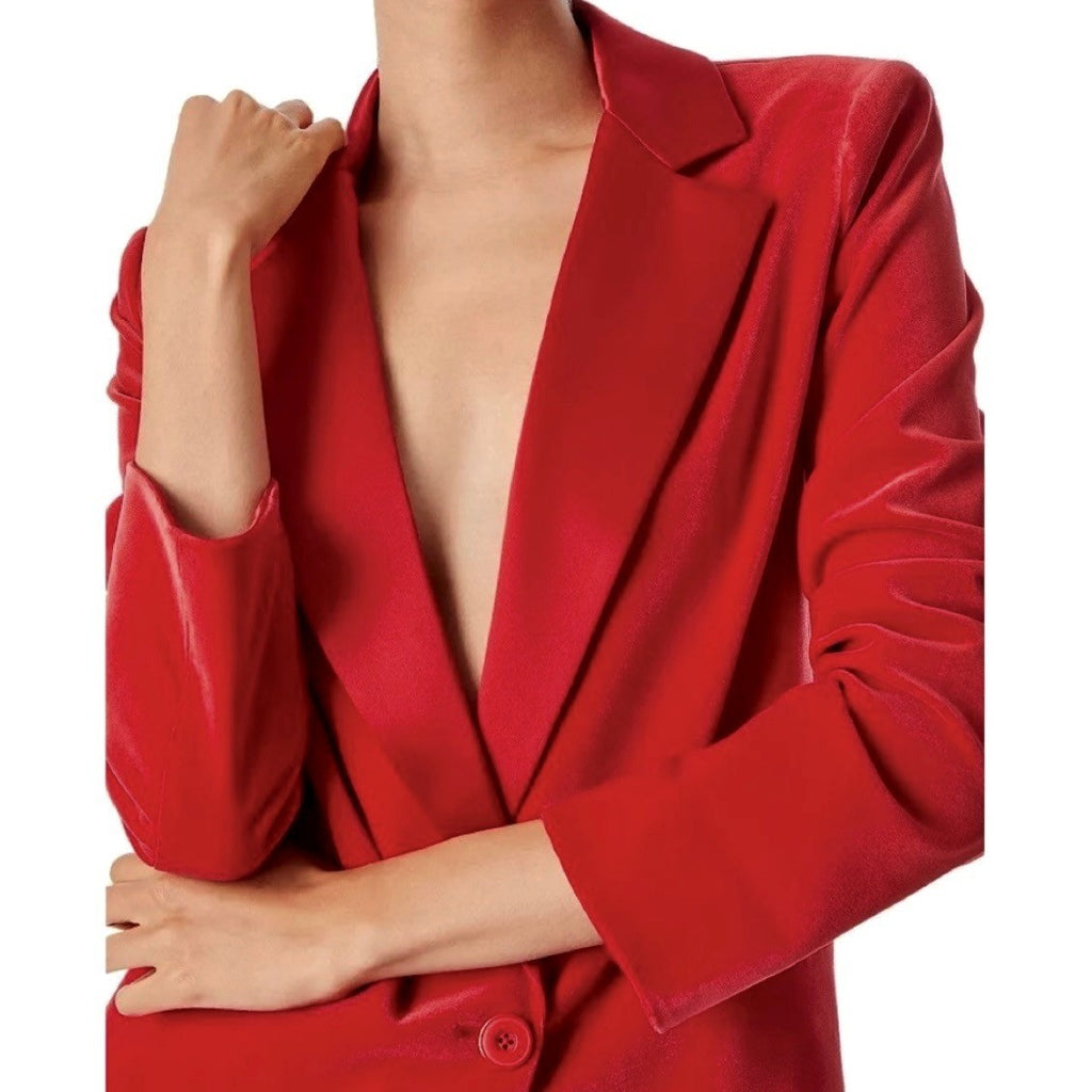 ALICE + OLIVIA Justin Velvet One Button Blazer Perfect Ruby Red Solid Satin 8