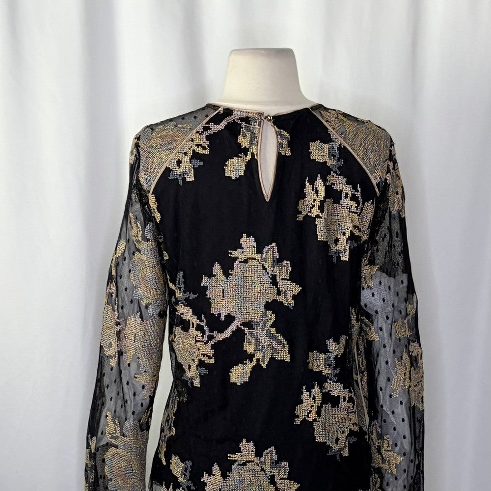 HALE BOB Floral Embroidered Mesh Top Blouse Long Sleeve Jacquard Romantic Medium