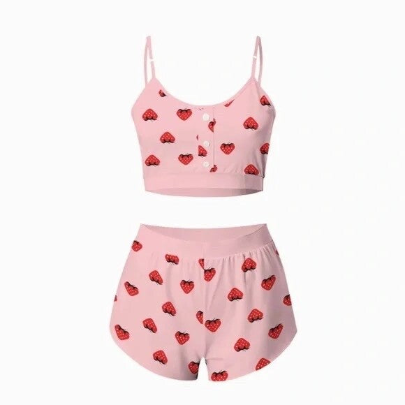 NEW!! STRAWBERRY Print Red Pink Cropped Loungewear Two Piece Set X-Large