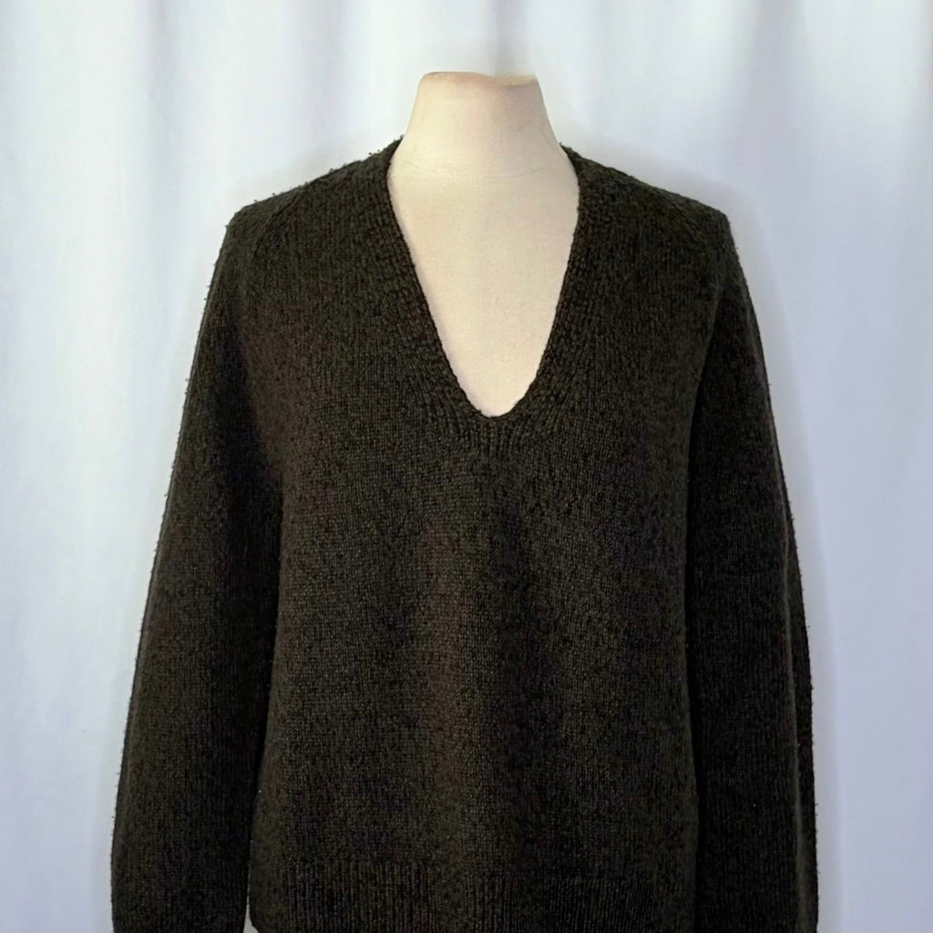 VINCE Merino Wool Cashmere V Neck Sweater Raglan Pullover Green Marled Large