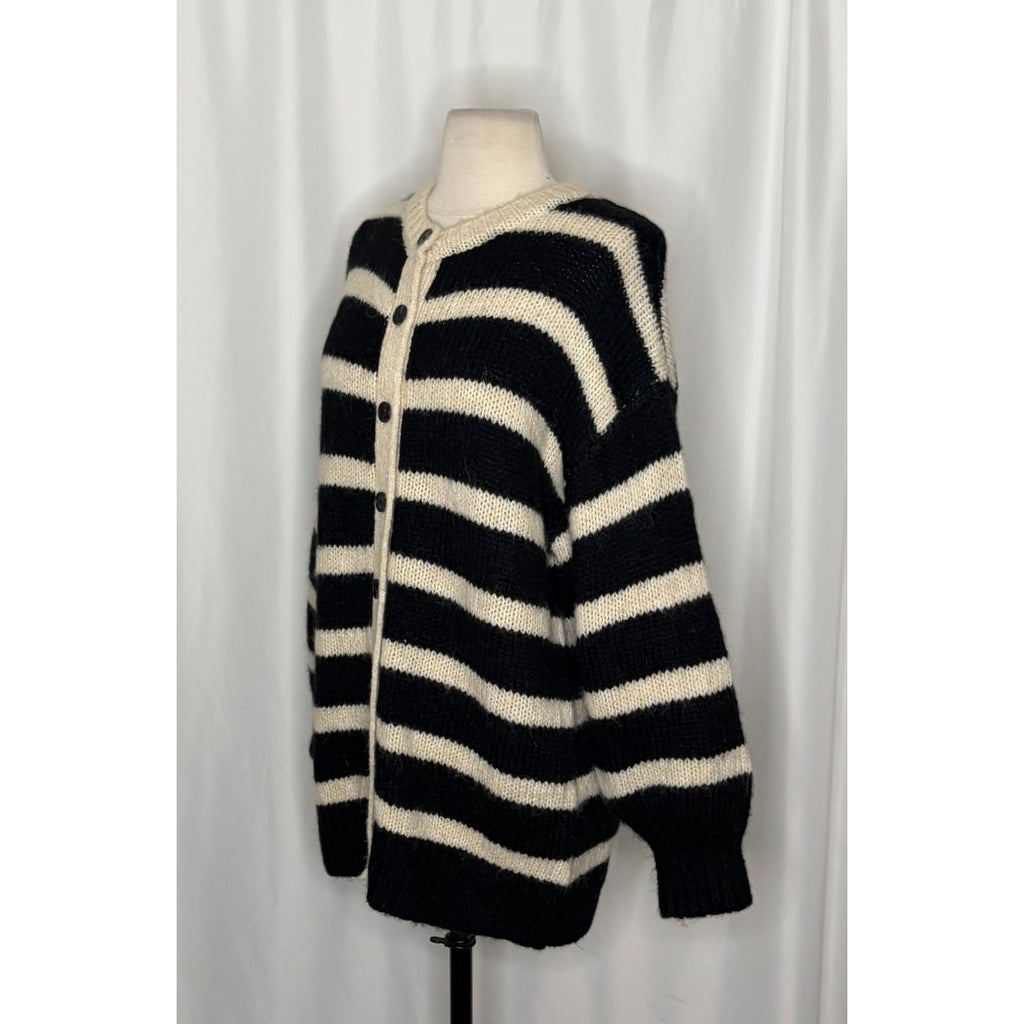 ZARA Long Striped Cardigan Sweater Black Ivory Striped Wool Alpaca Knit Small