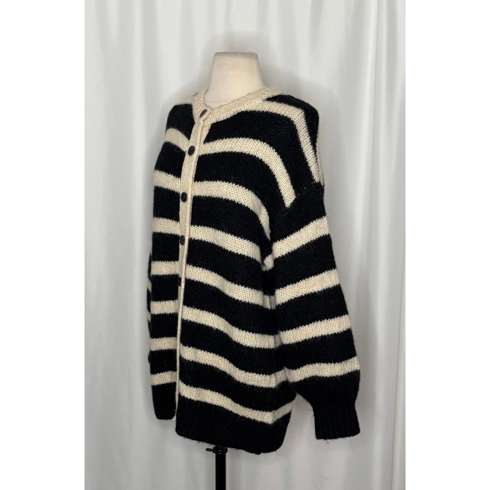 ZARA Long Striped Cardigan Sweater Black Ivory Striped Wool Alpaca Knit Small