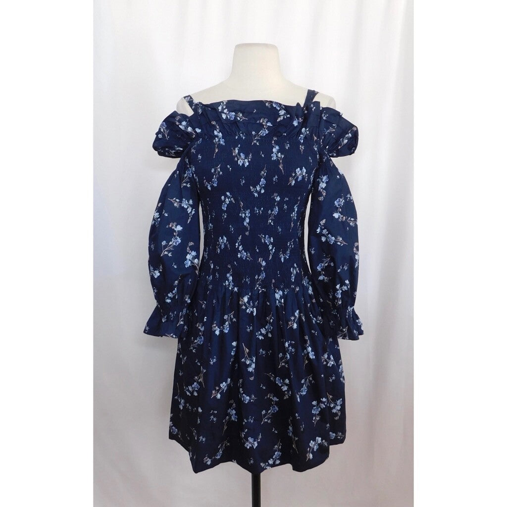 Revolve REBECCA TAYLOR Francine Off Shoulder Dress Floral Smocked Navy Blue 0