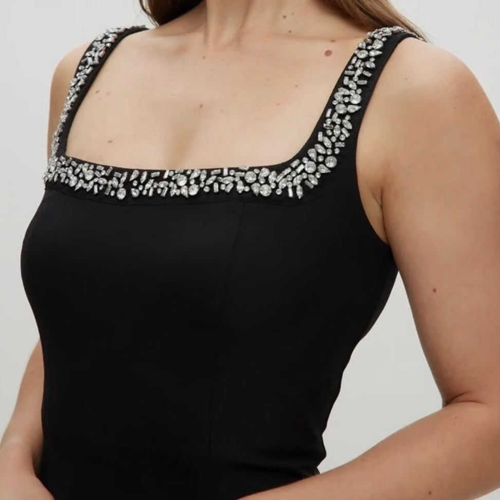 CAMILA COELHO Black Embellished Midi Sheath Dress Glam Solid Party Cocktails XS