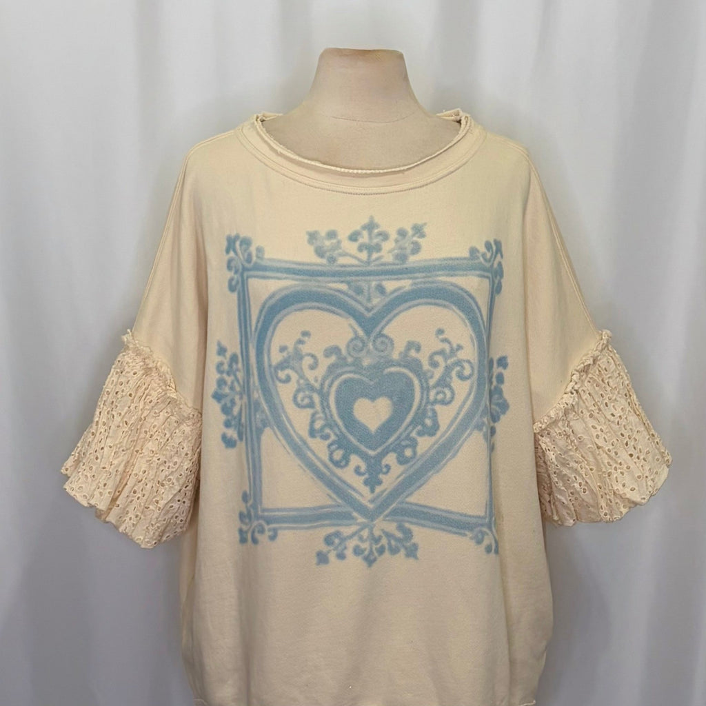 NWT!! FREE PEOPLE Doily Sweatshirt Heart Ivory Blue Eyelet Lace Bohemian Small