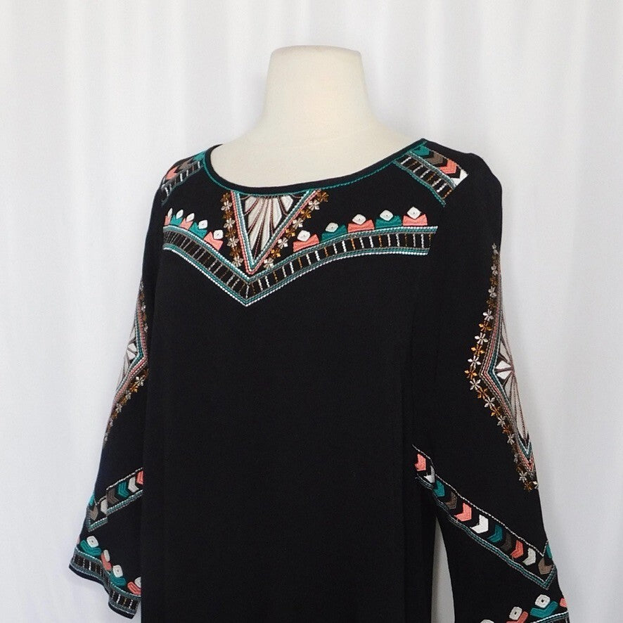 ELLA MOSS Embroidered Joss Shift Dress Retro Black Metallic Boho X-Small
