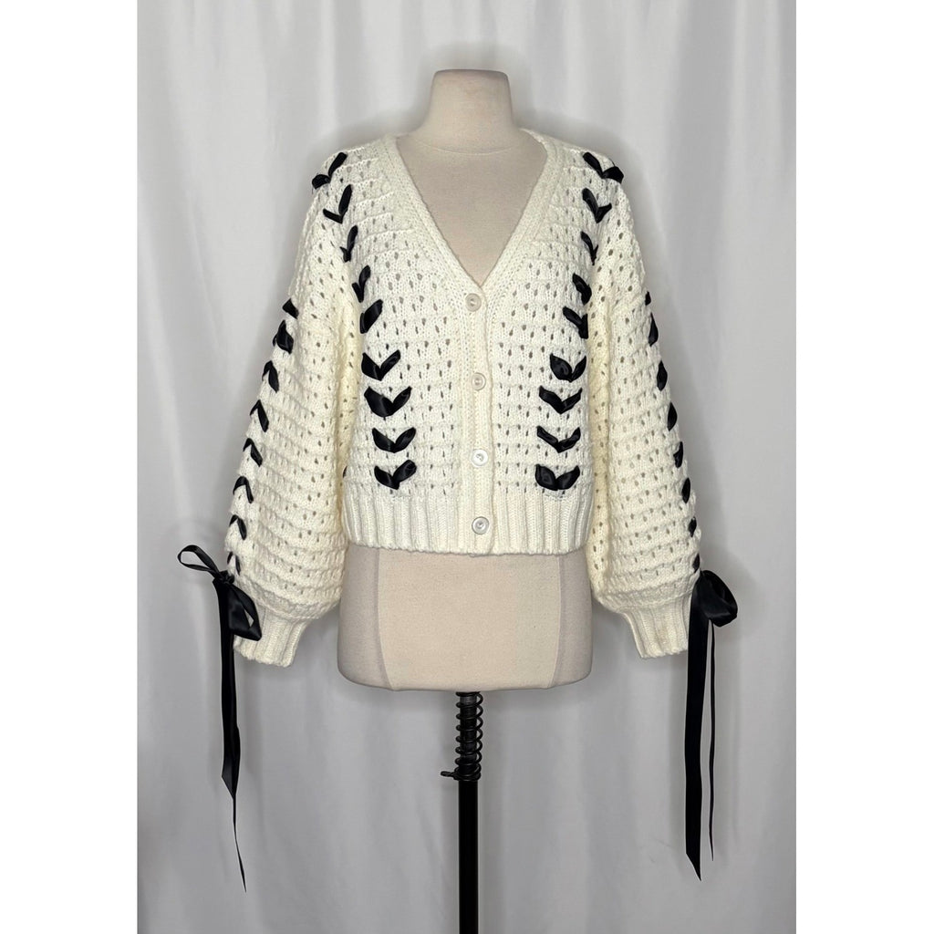 FOR LOVE & LEMONS Laurel Cardigan Sweater Office White Black Ribbons X-Small