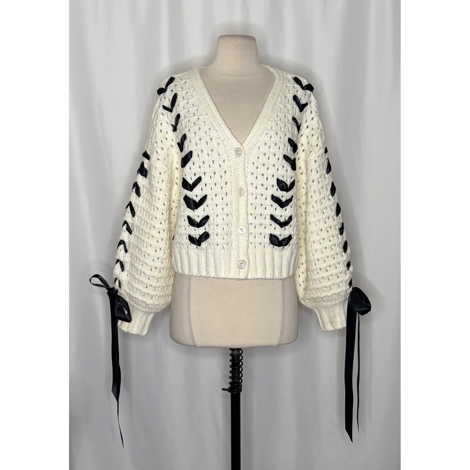 FOR LOVE & LEMONS Laurel Cardigan Sweater Office White Black Ribbons X-Small