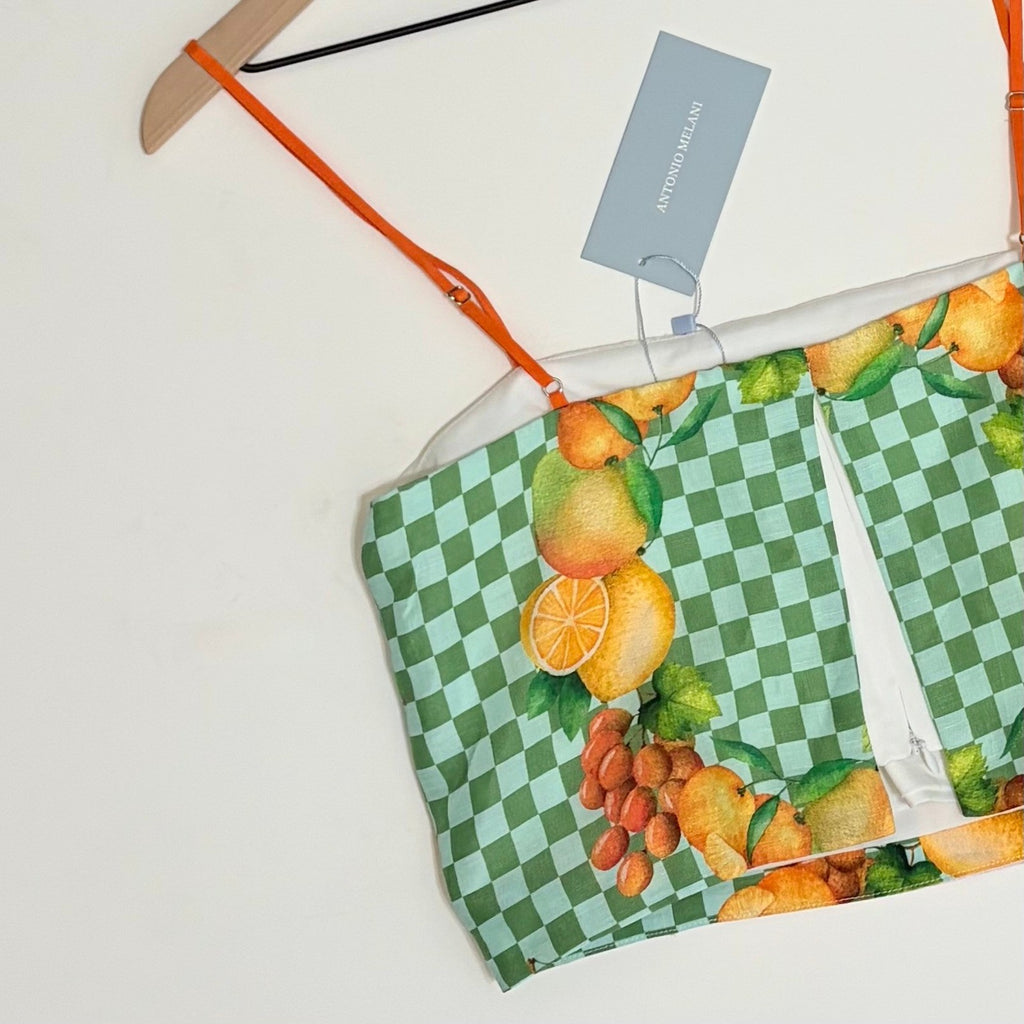 NWT!! ANTONIO MELANI Callista Cropped Linen Top Citrus Bliss Fruit Checkered 0