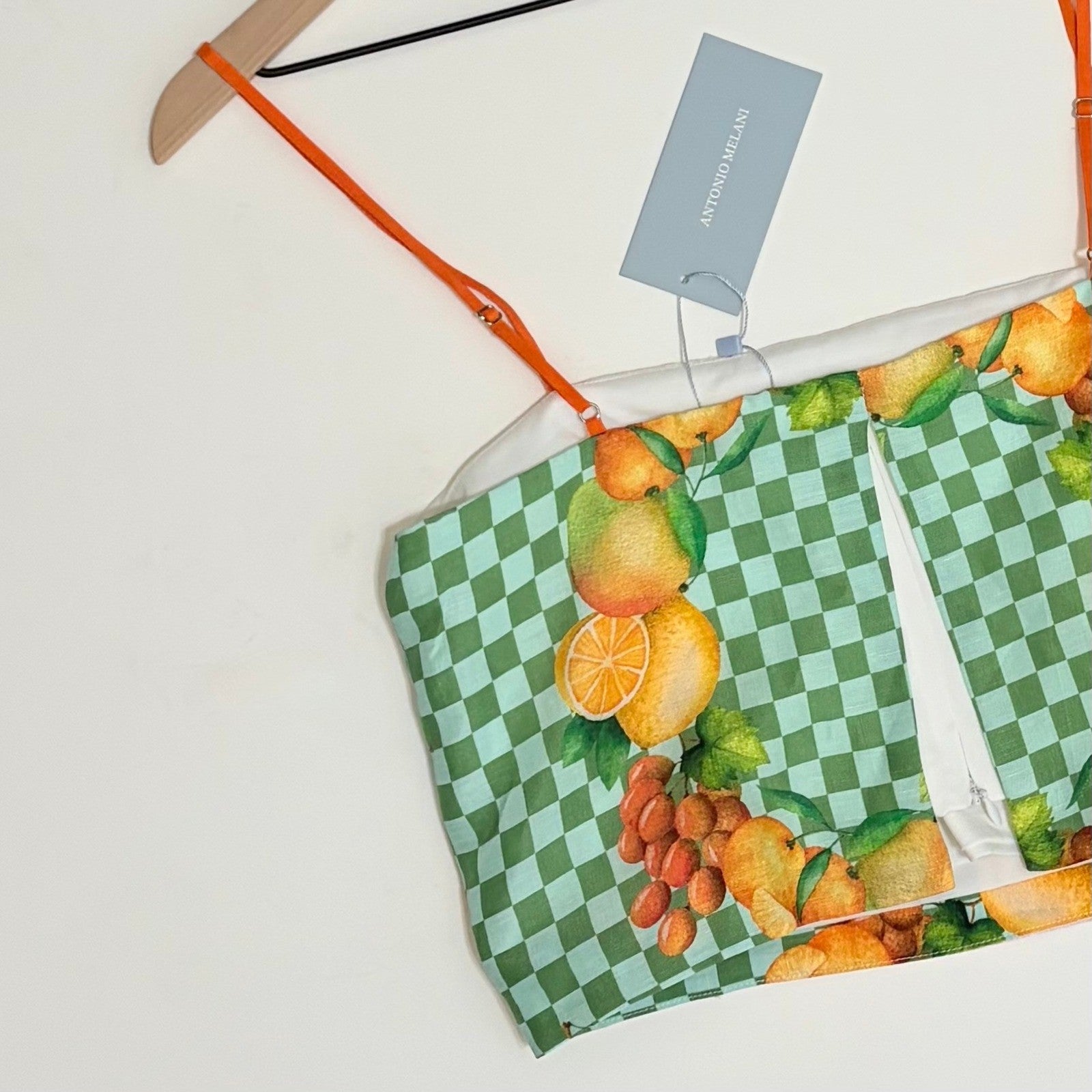 NWT!! ANTONIO MELANI Callista Cropped Linen Top Citrus Bliss Fruit Checkered 0