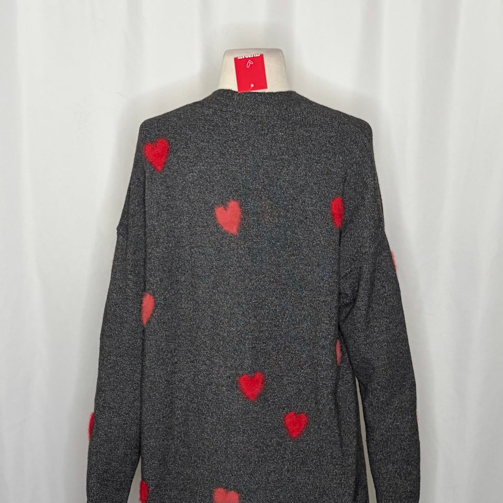 NWT!! CELEBRATE TOGETHER Heart Cardigan Sweater Grey Pink Red Hearts Large