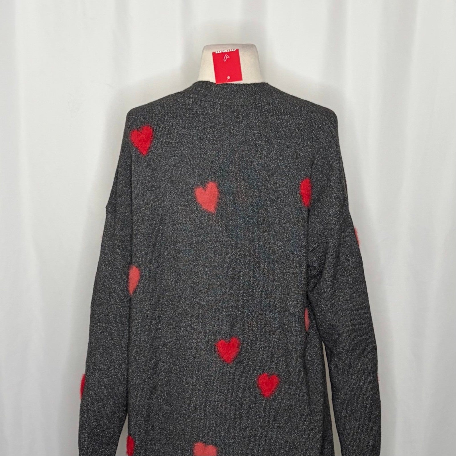 NWT!! CELEBRATE TOGETHER Heart Cardigan Sweater Grey Pink Red Hearts Large