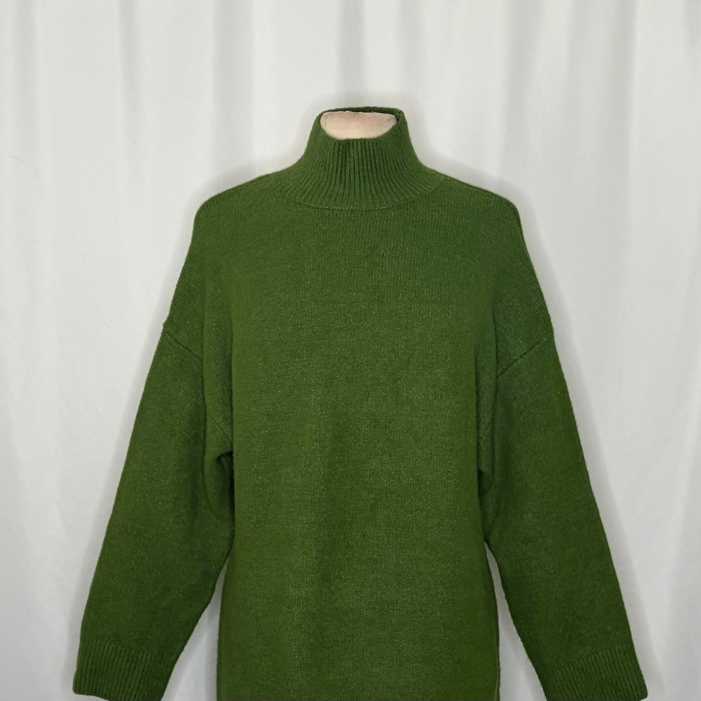 ZARA Green Wool Sweater Dress Mock Neckline Oversized Knitwear Solid X-Small