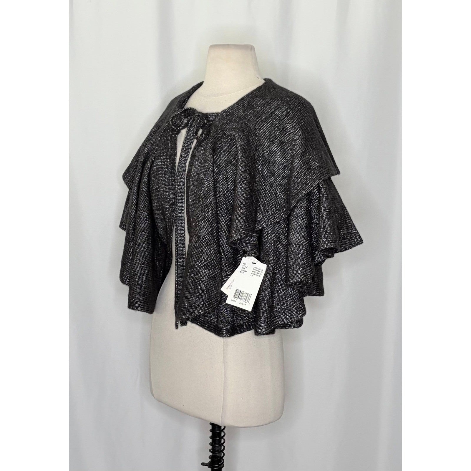 NWT!! ROBERT RODRIGUEZ Wool Blend Charcoal Ruffled Cardigan Cape Sweater X-Small