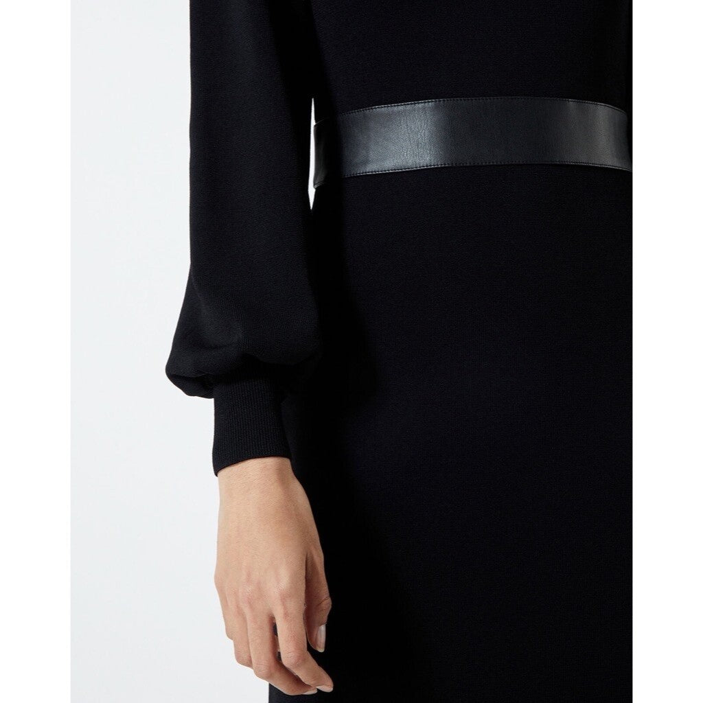 THE KOOPLES Black Knit Faux Leather Trimmed Dress Puff Sleeves Size 3 / Large