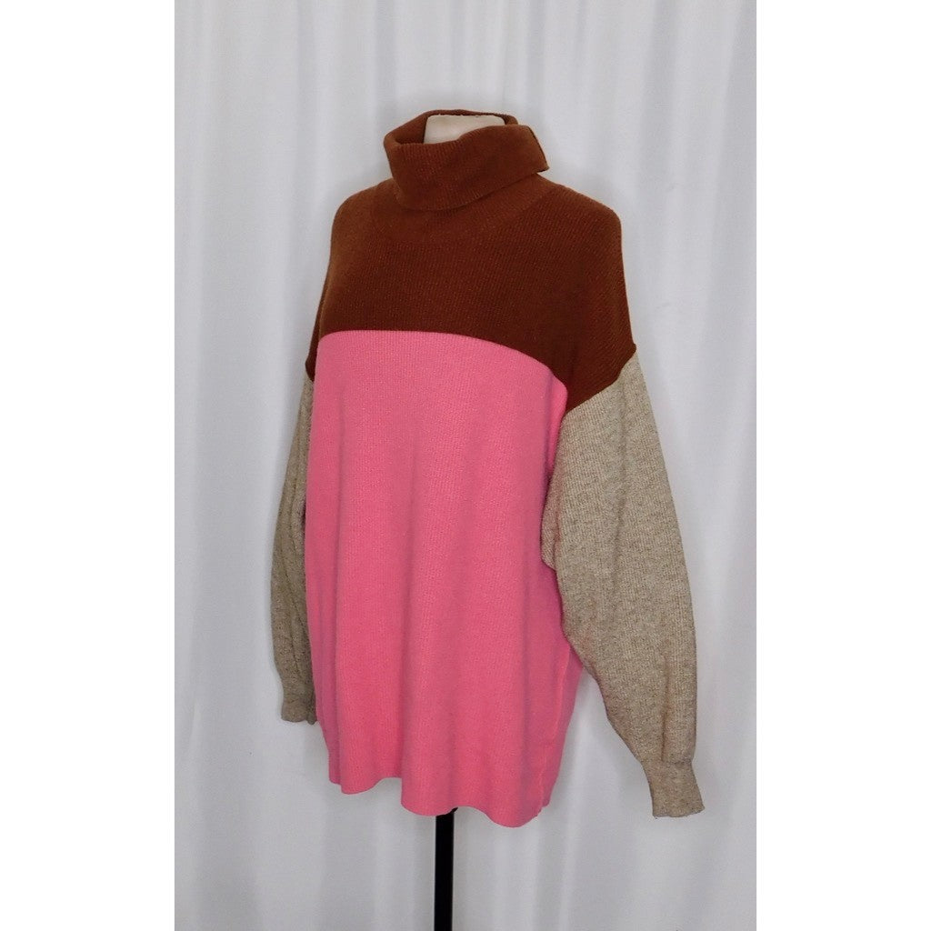 FREE PEOPLE Softly Structured Colorblock Sweater Turtleneck Candy Pop Medium