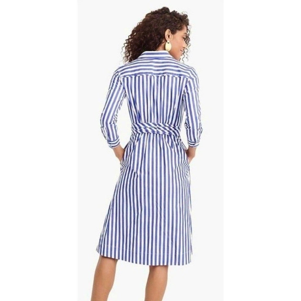J. CREW Lighthouse Tie Waist Shirtdress Blue White Stripe Shirt Dress Size 0