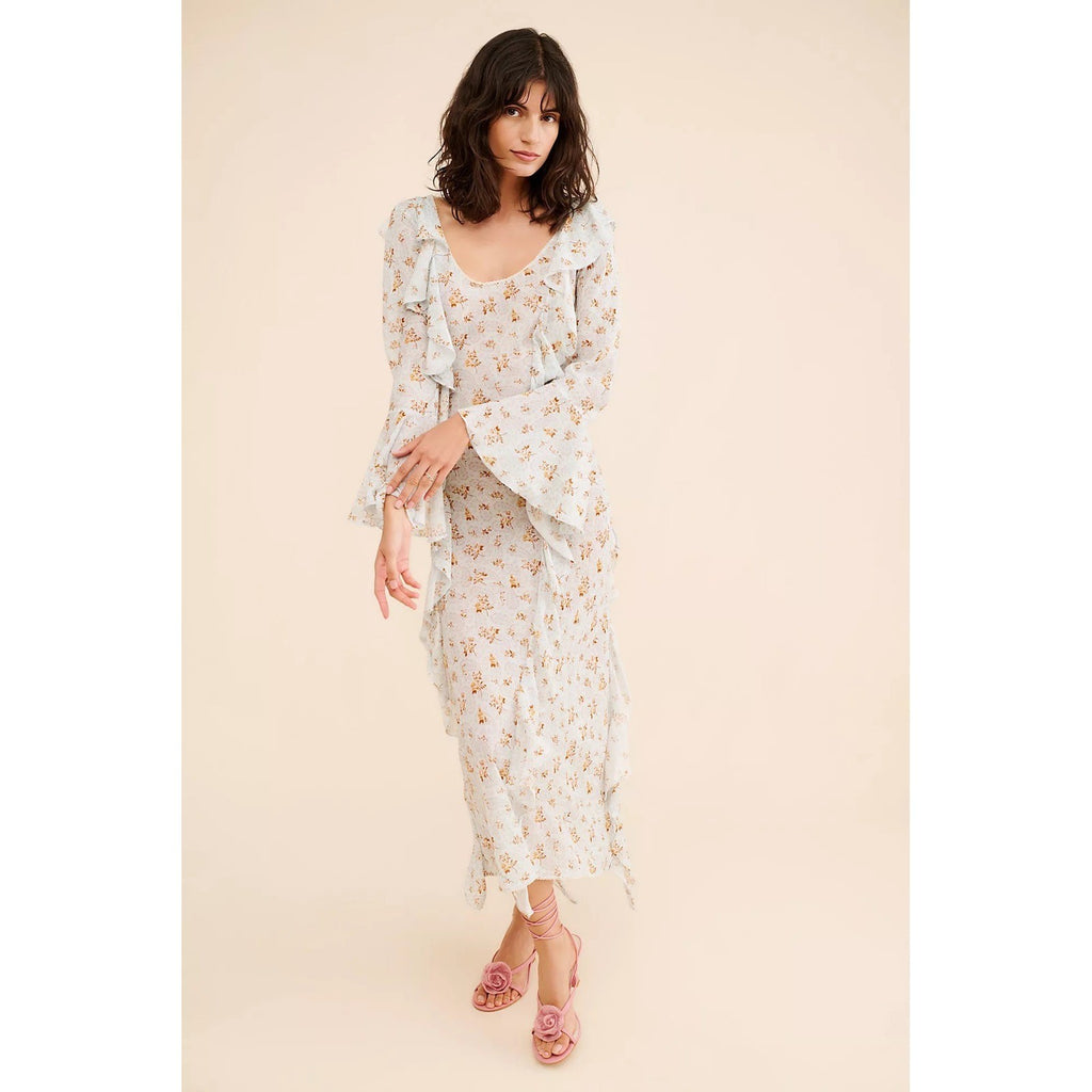 SPELL & THE GYPSY Fleur Frill Bias Maxi Dress Teapot Blue Floral Bohemian Large