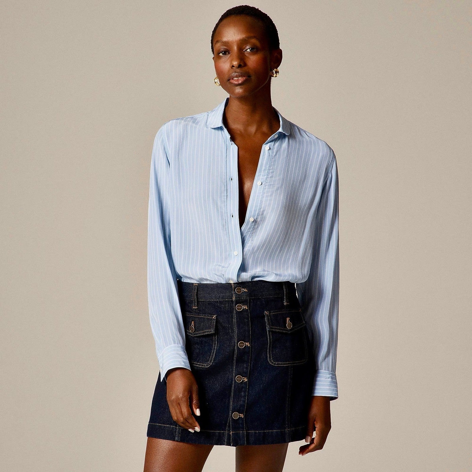 NWT!! J. CREW Jules Club Collar Shirt Striped Crepe De Chine Blue Stripe Size 00