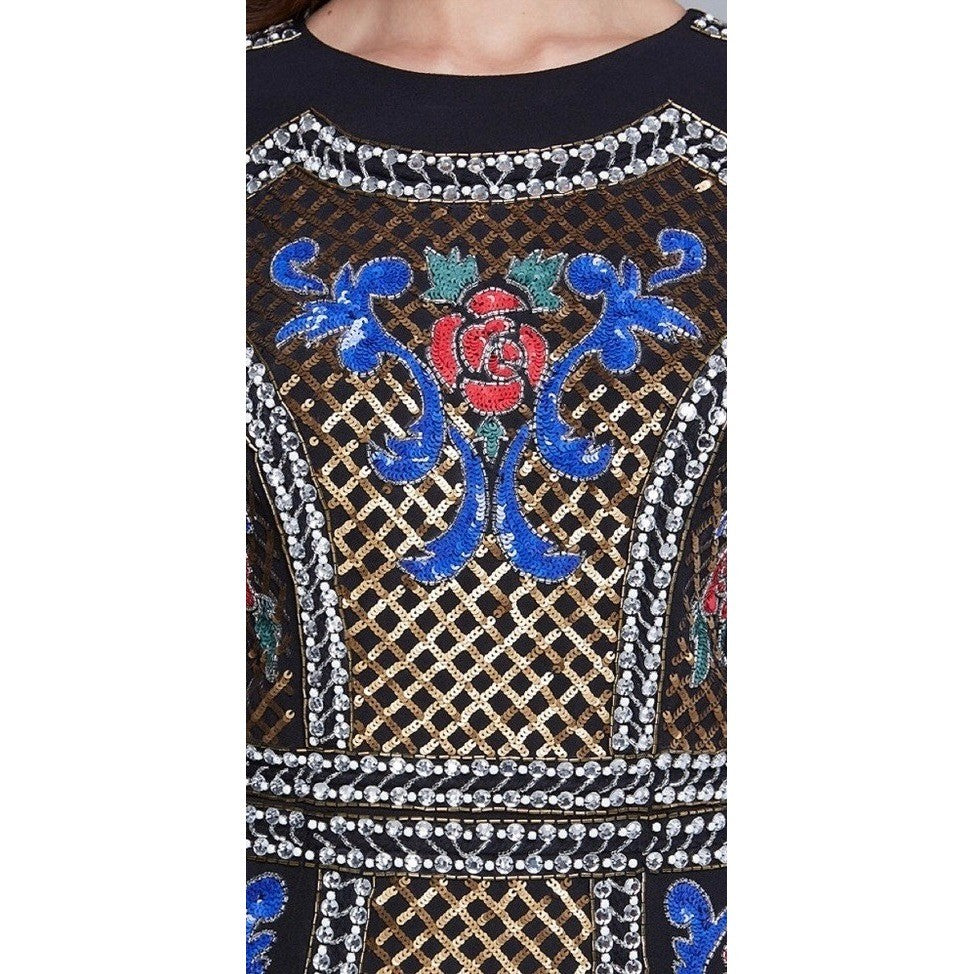BEBE Black Beaded Sequin Crepe Dress Balmain Bodycon Mini Glam Floral Party 4