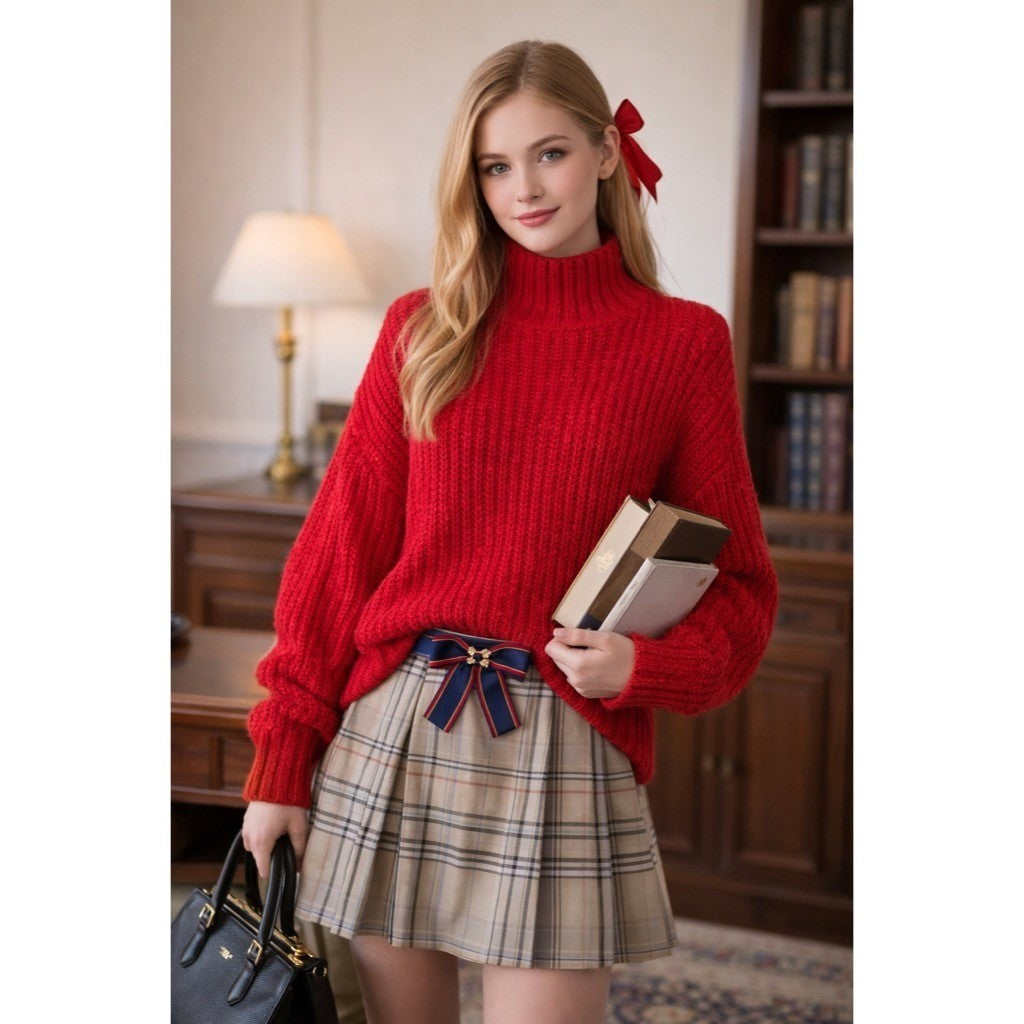 Anthropologie MAEVE Solid Red Shaker Knit Sweater Mockneck Pullover Fleck Medium