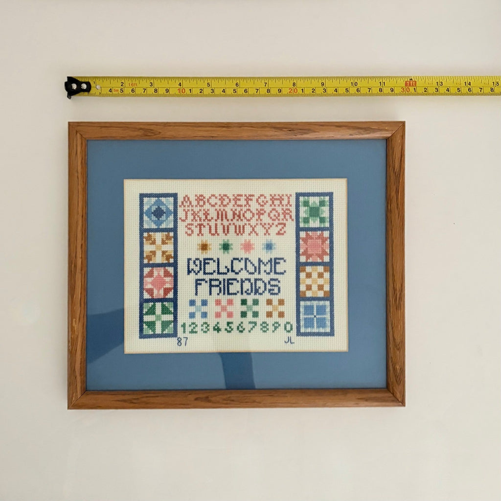 VINTAGE Framed Crossstitch Sampler Quilt Blocks Alphabet Numbers 80's 1987
