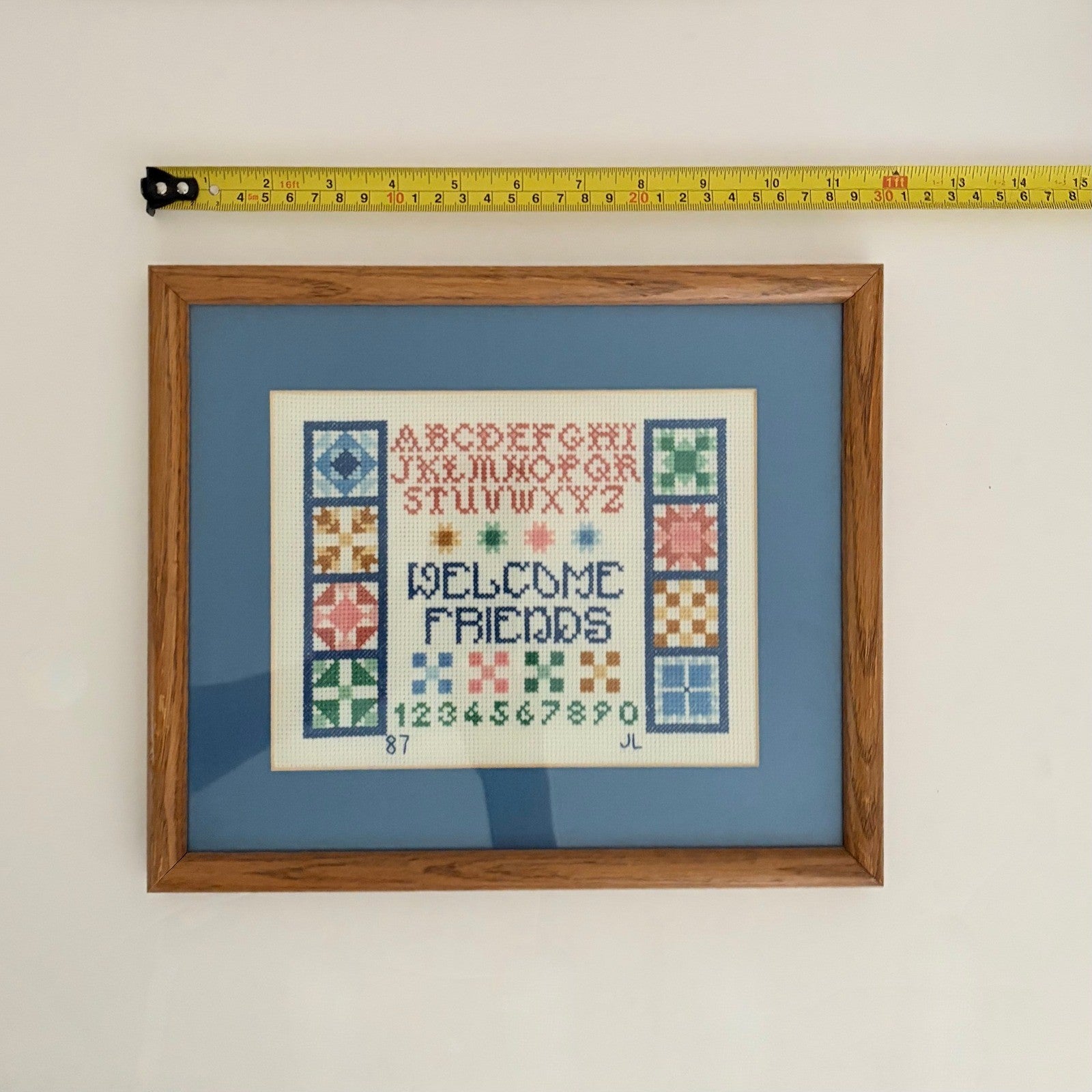 VINTAGE Framed Crossstitch Sampler Quilt Blocks Alphabet Numbers 80's 1987