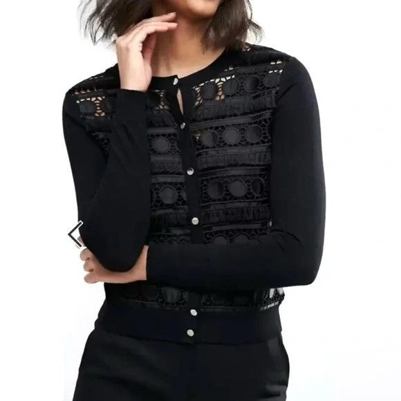 NWT!! TED BAKER London Ellenii Circle Fringe Lace Knit Cardigan Black Size 5 XL