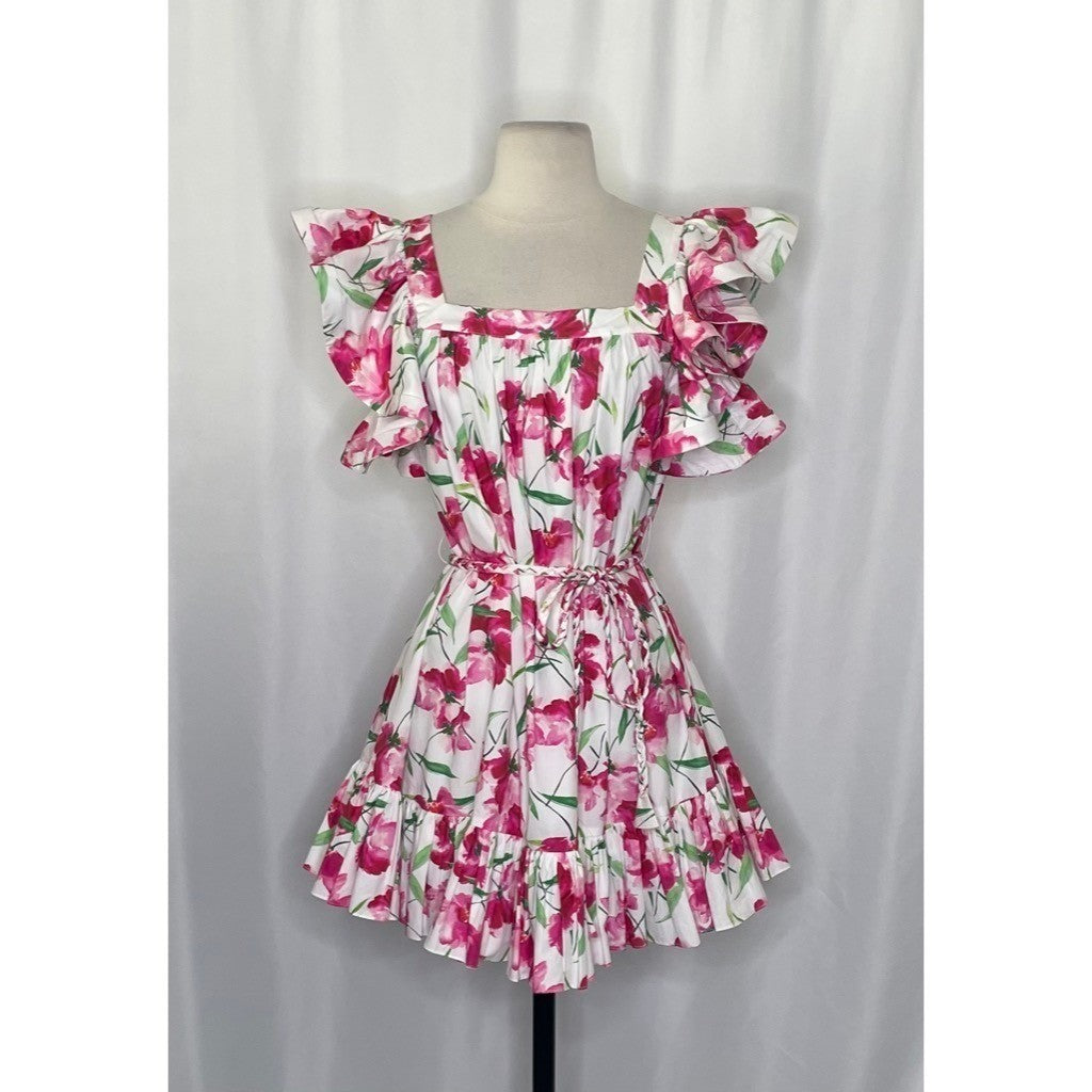 MISA Los Angeles Selma Floral Dress Ruffled A-Line Mini White Pink X-Small