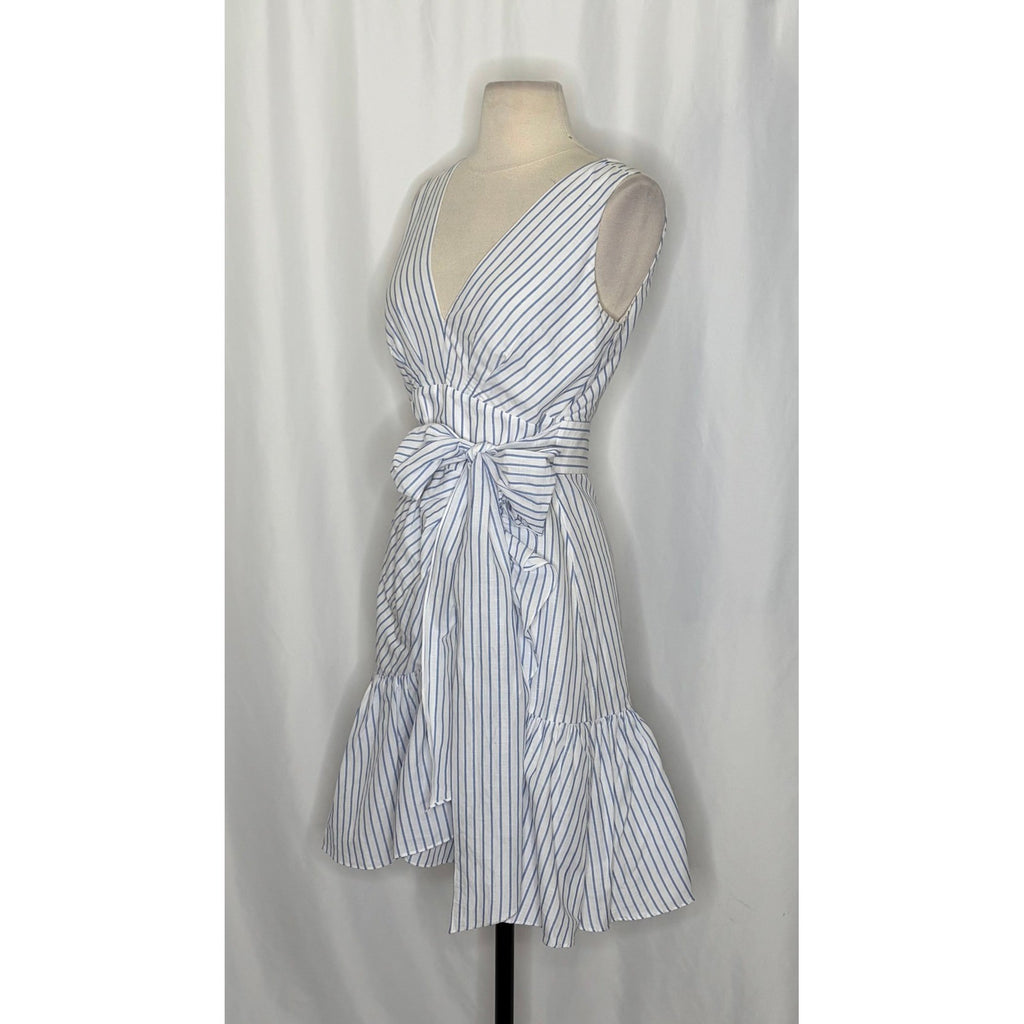REBECCA TAYLOR Sleeveless Stripe Linen Wrap Dress Ruffle White Milk Blue Sky 4
