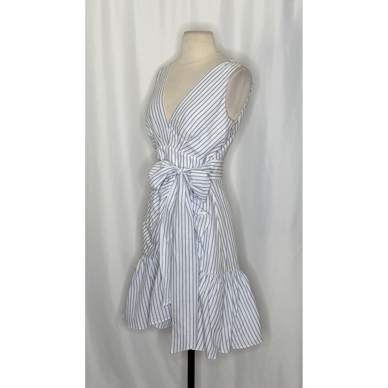 REBECCA TAYLOR Sleeveless Stripe Linen Wrap Dress Ruffle White Milk Blue Sky 4