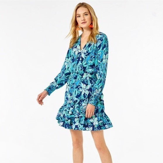 LILLY PULITZER Cristiana Dress High Tide Navy Take It Or Leaf It Smocked 0