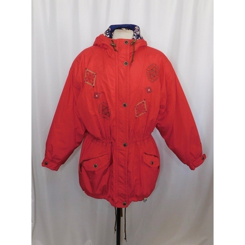 Vintage OBERMEYER Women's Embroidered Hooded Legend Coat Jacket Red Blue Size 10