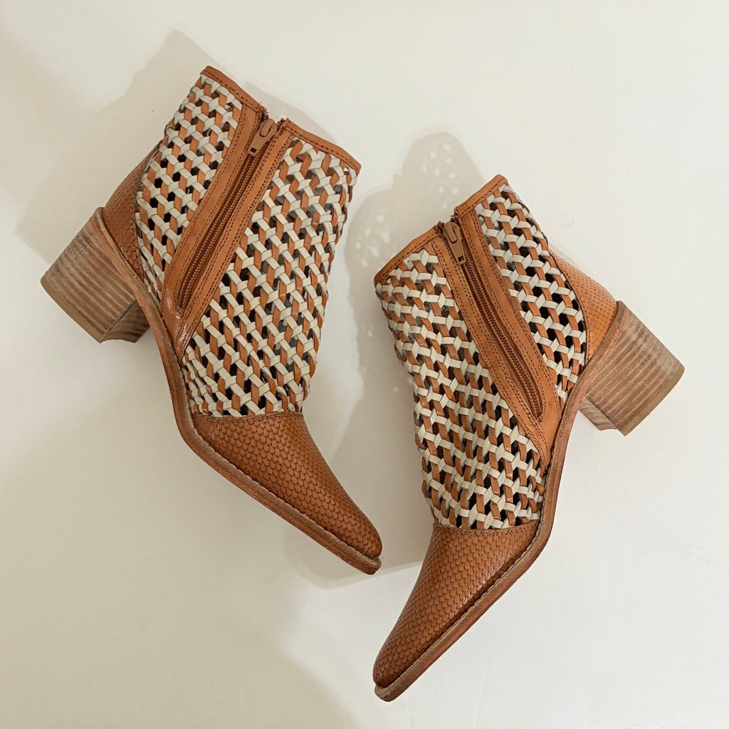 ROOLEE Opening Night Woven Ankle Boots Brown Point Toes Western Southwestern 7