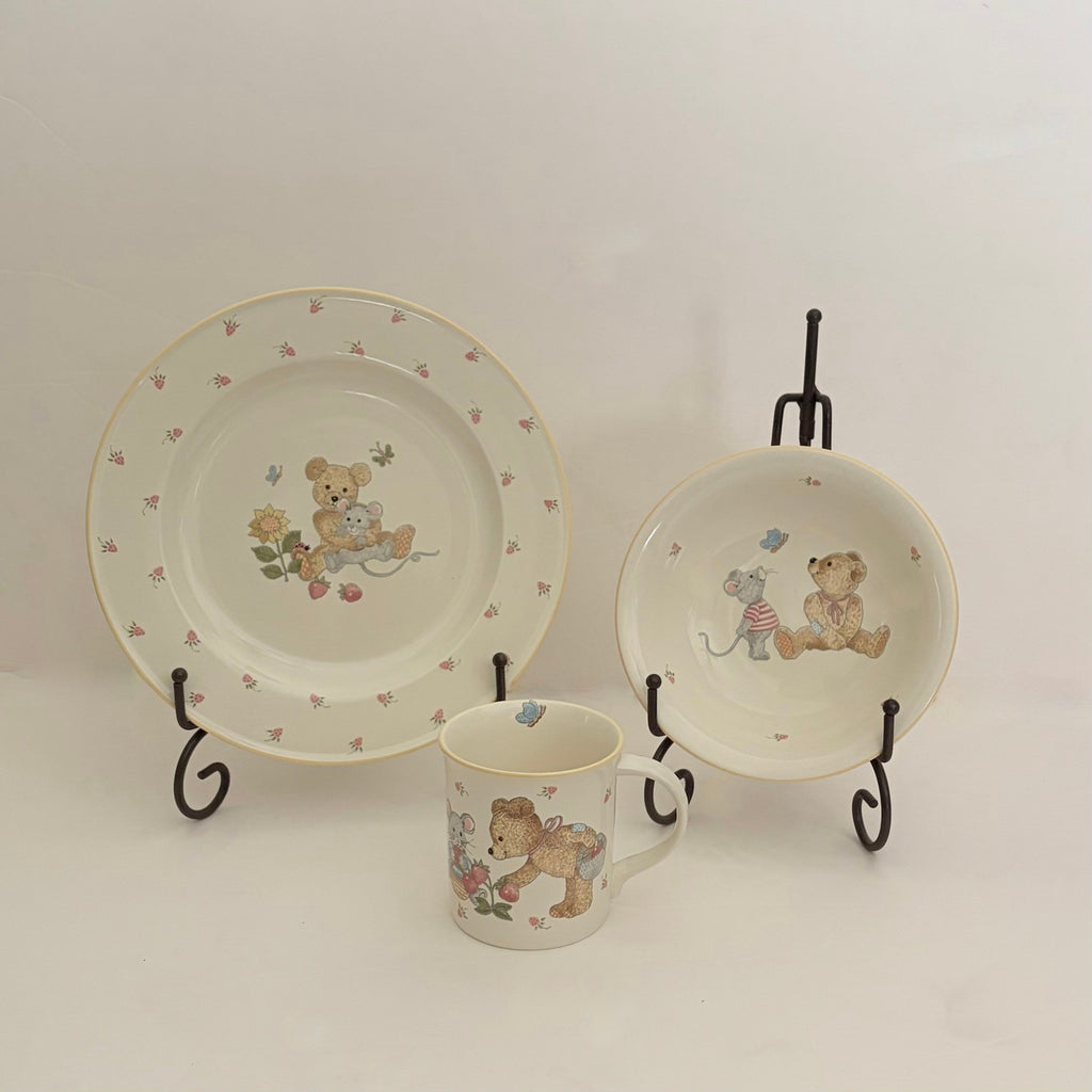 Vintage MIKASA Teddy Bear Plate Bowl Mug Set Strawberry Fruit Mouse Floral