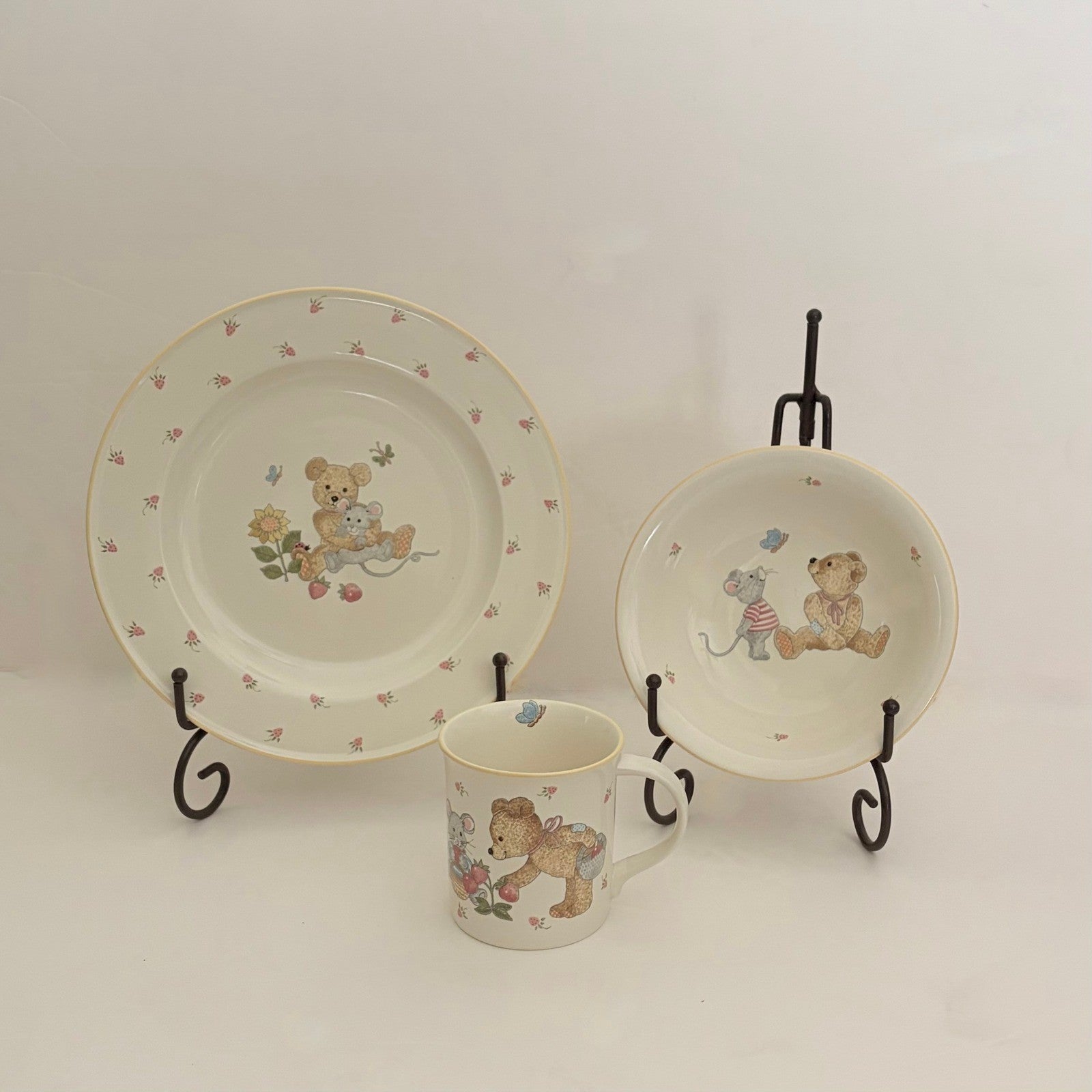 Vintage MIKASA Teddy Bear Plate Bowl Mug Set Strawberry Fruit Mouse Floral