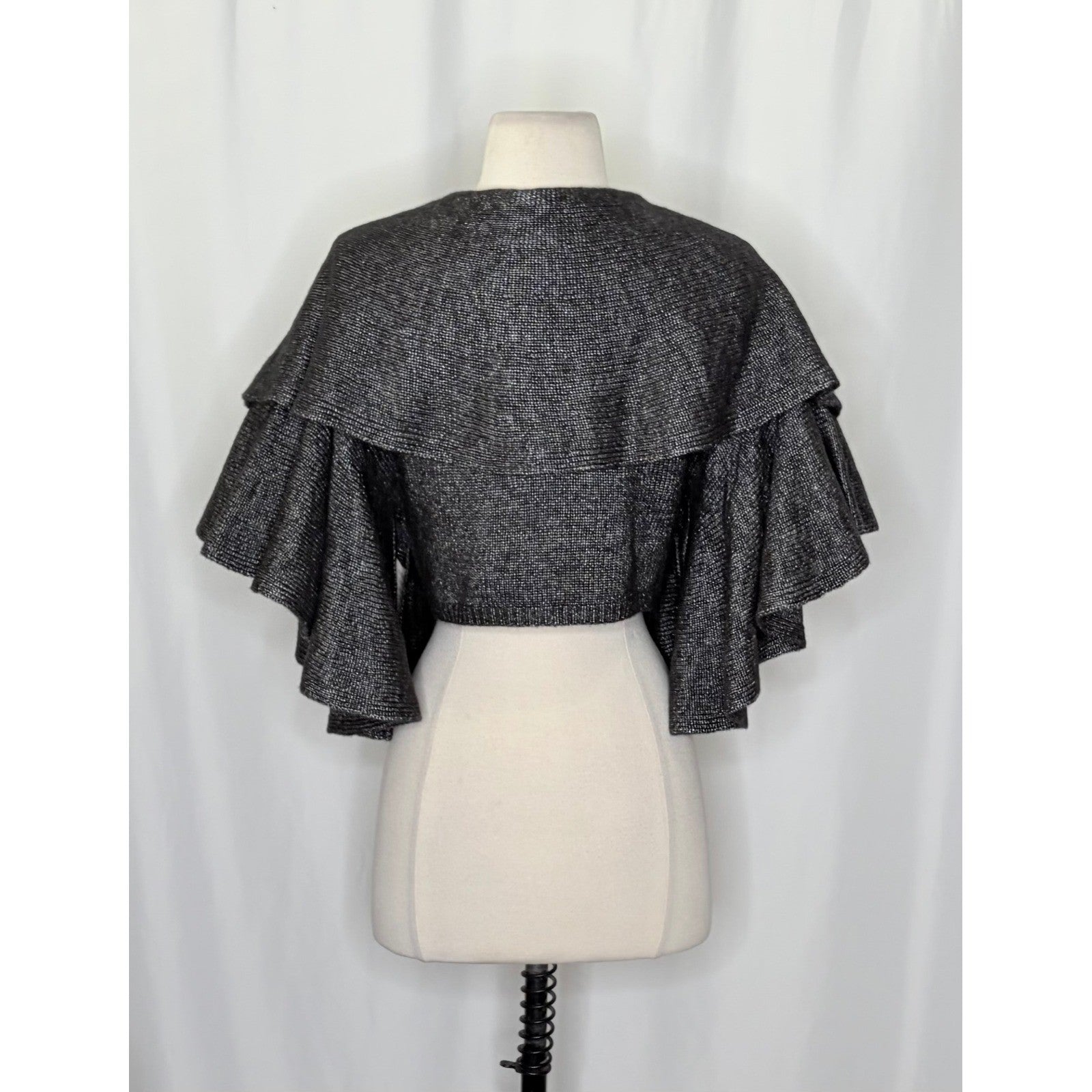 NWT!! ROBERT RODRIGUEZ Wool Blend Charcoal Ruffled Cardigan Cape Sweater X-Small
