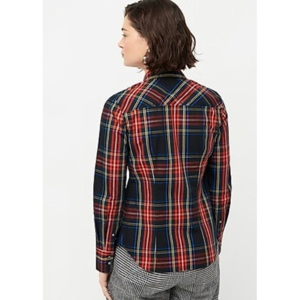 J. CREW Slim Stretch Perfect Shirt Top Black Stewart Tartan Plaid Buttons Size 4