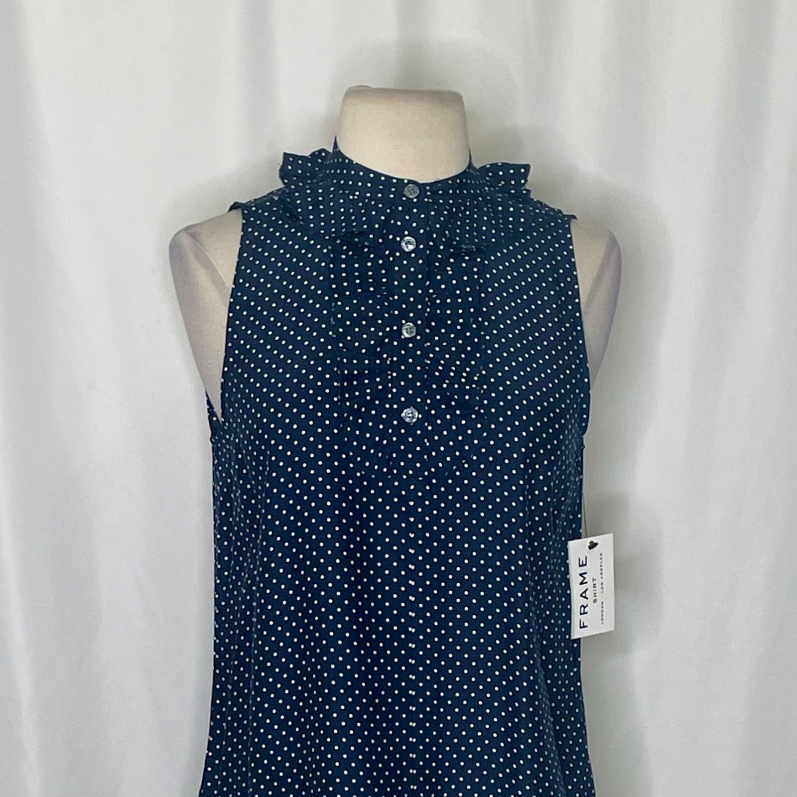 NWT!! FRAME Denim Silk Polka Dot Top Blouse Sleeveless Ruffled Coquette X-Small