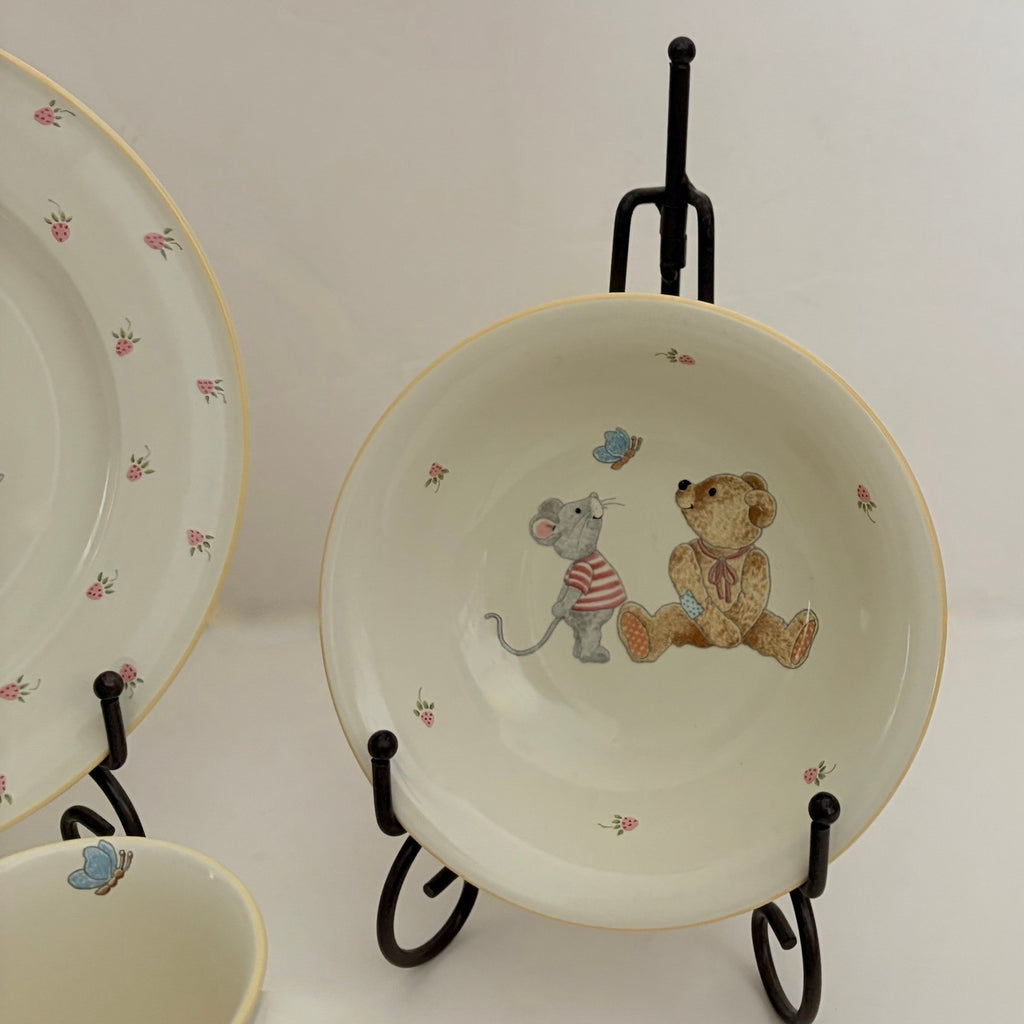Vintage MIKASA Teddy Bear Plate Bowl Mug Set Strawberry Fruit Mouse Floral