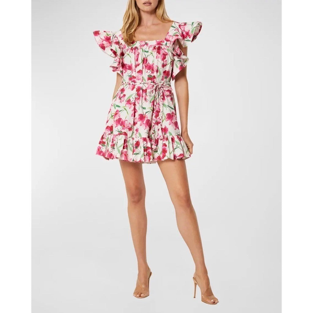 MISA Los Angeles Selma Floral Dress Ruffled A-Line Mini White Pink X-Small